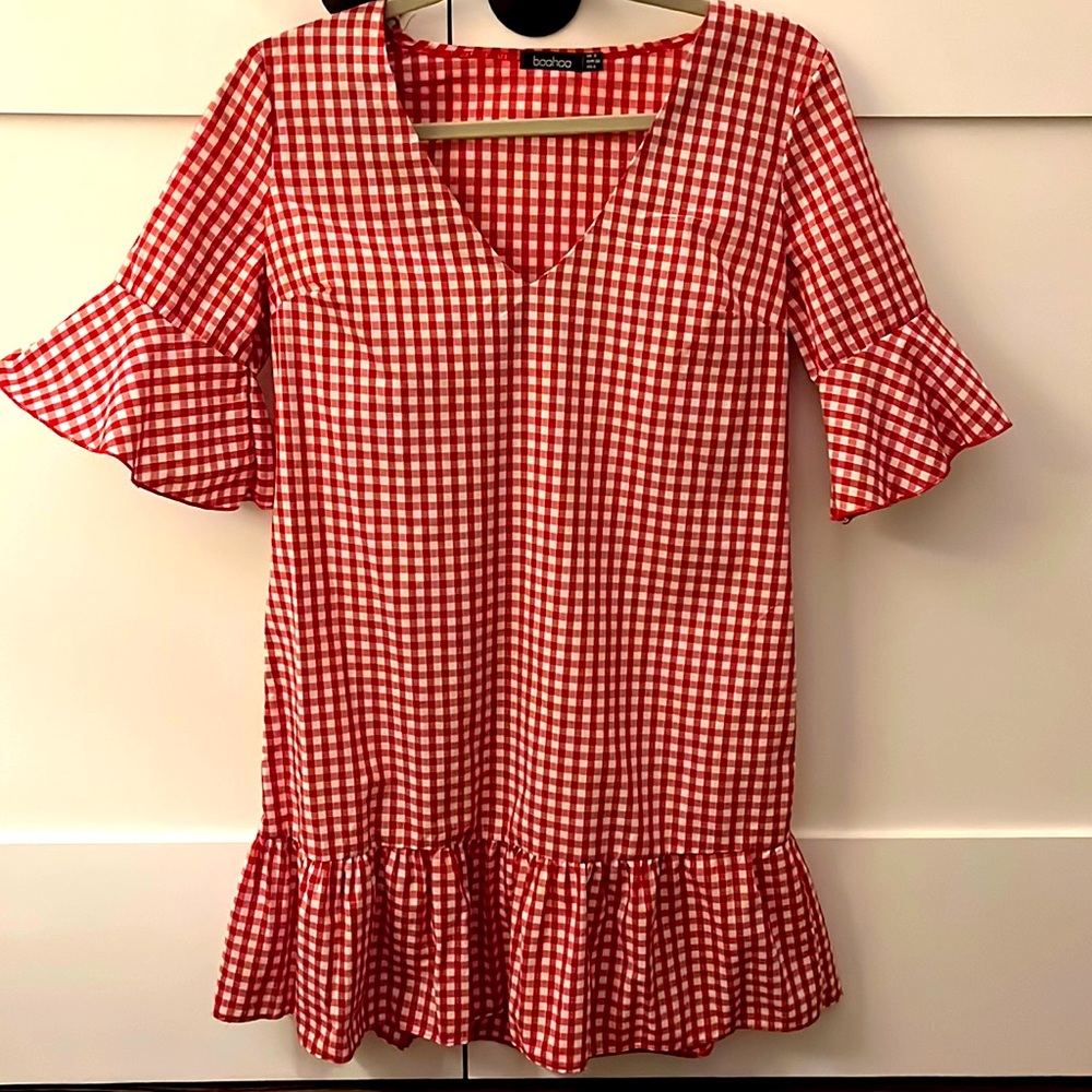 Boohoo Ruffle Skirt Checkered Print Dress